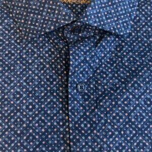 Tasso Elba Large Men's Dress Shirt- Royal Blue with Peach and White Dots